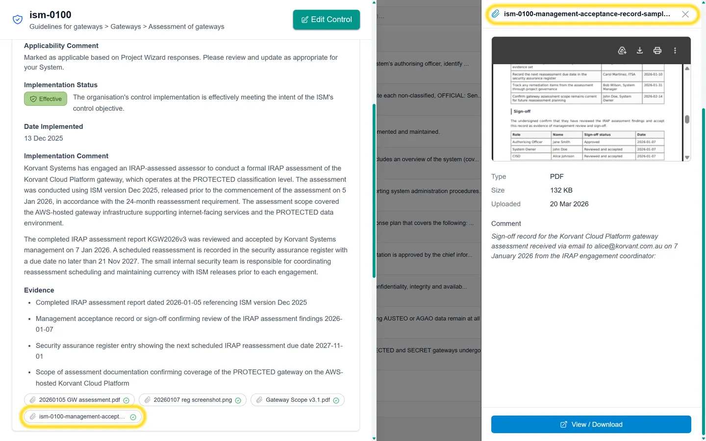 Evidence attachments linked to a SecBoost control record