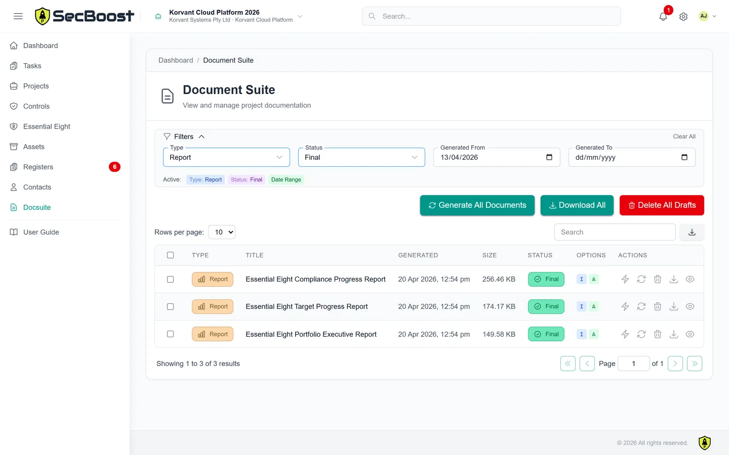 Reports and documents in the SecBoost Documentation Suite