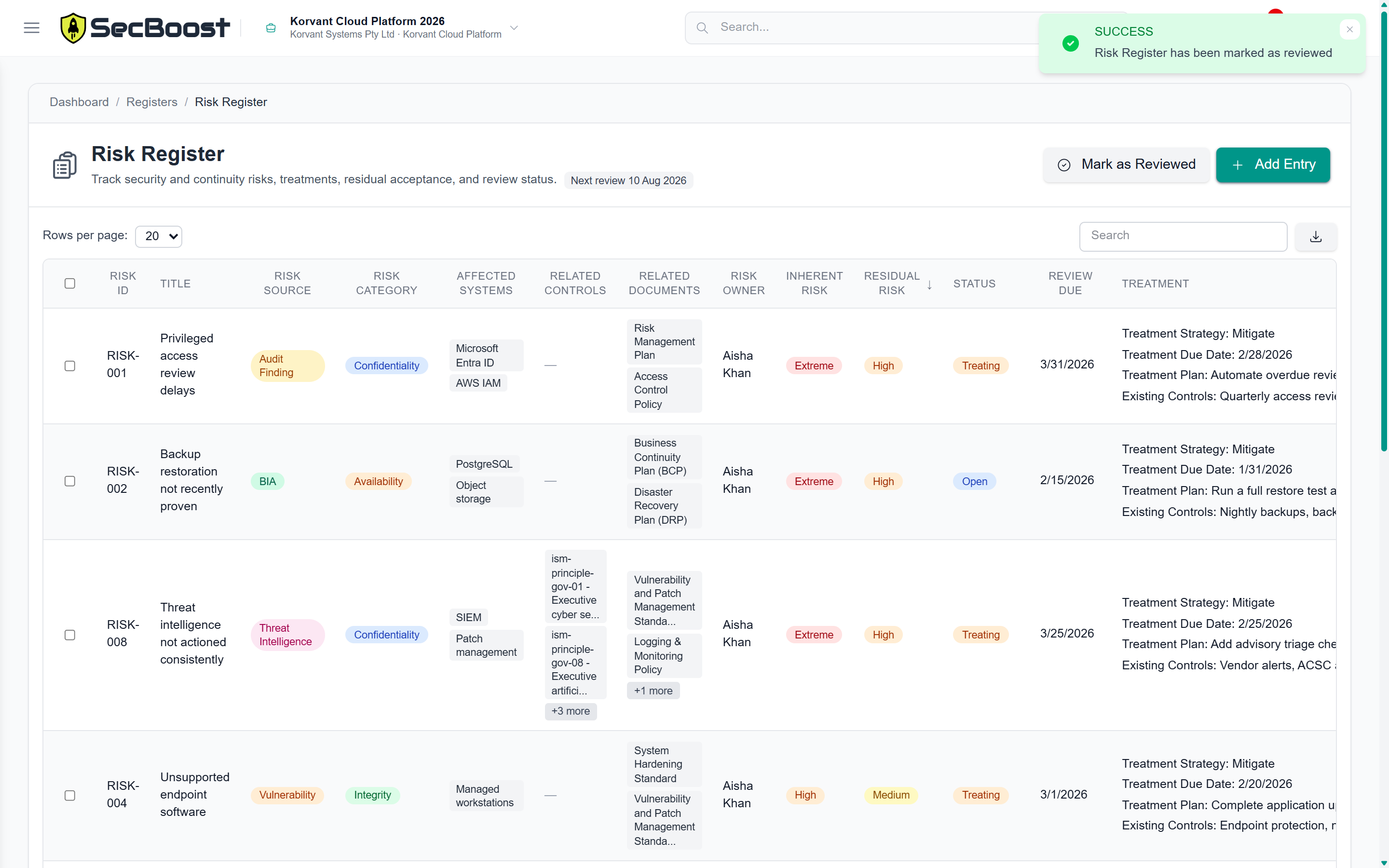 SecBoost Risk Register screen showing continuity and recovery risks.